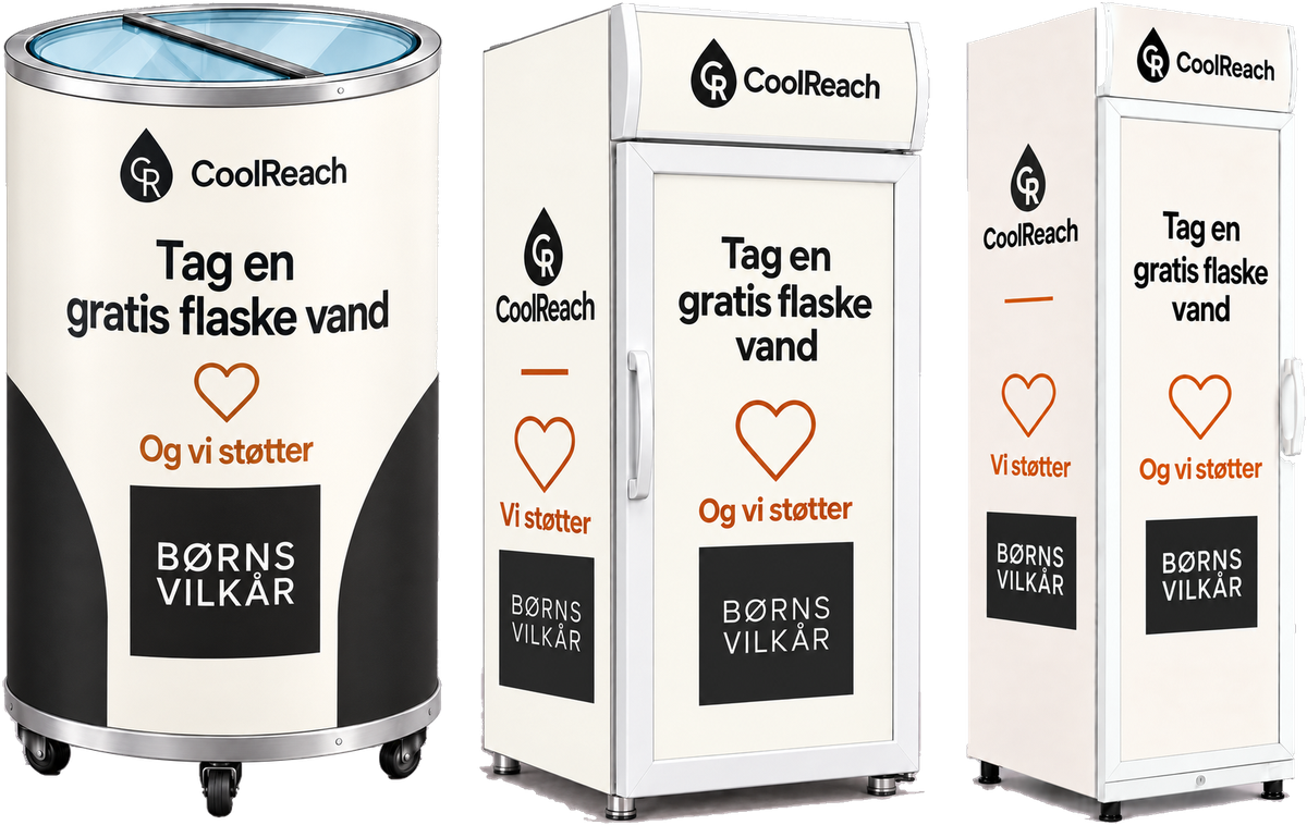 De tre CoolReach-køleskabe — cylinder, lavt og højt display — vist side om side i korrekt størrelsesforhold